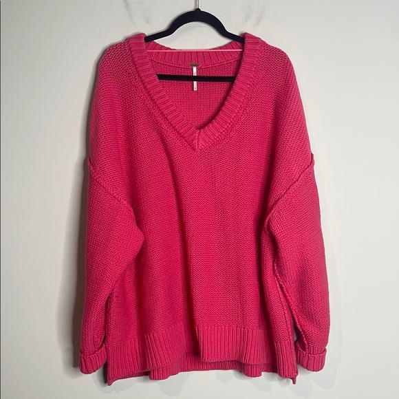 Free People | Pink V-Neck Chunky Knit Oversized Alli Sweater Size Small - Picture 2 of 7